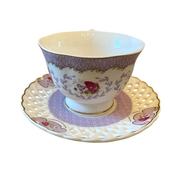Grace Teaware Teacup & Saucer Floral Lavender Rose Lattice Gold Accents New - Picture 11 of 16